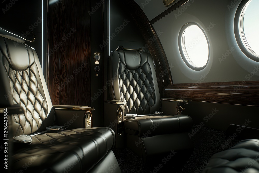 Fototapeta premium A private jet interior, featuring plush leather seats, wood paneling, and personalized service from a flight attendant 