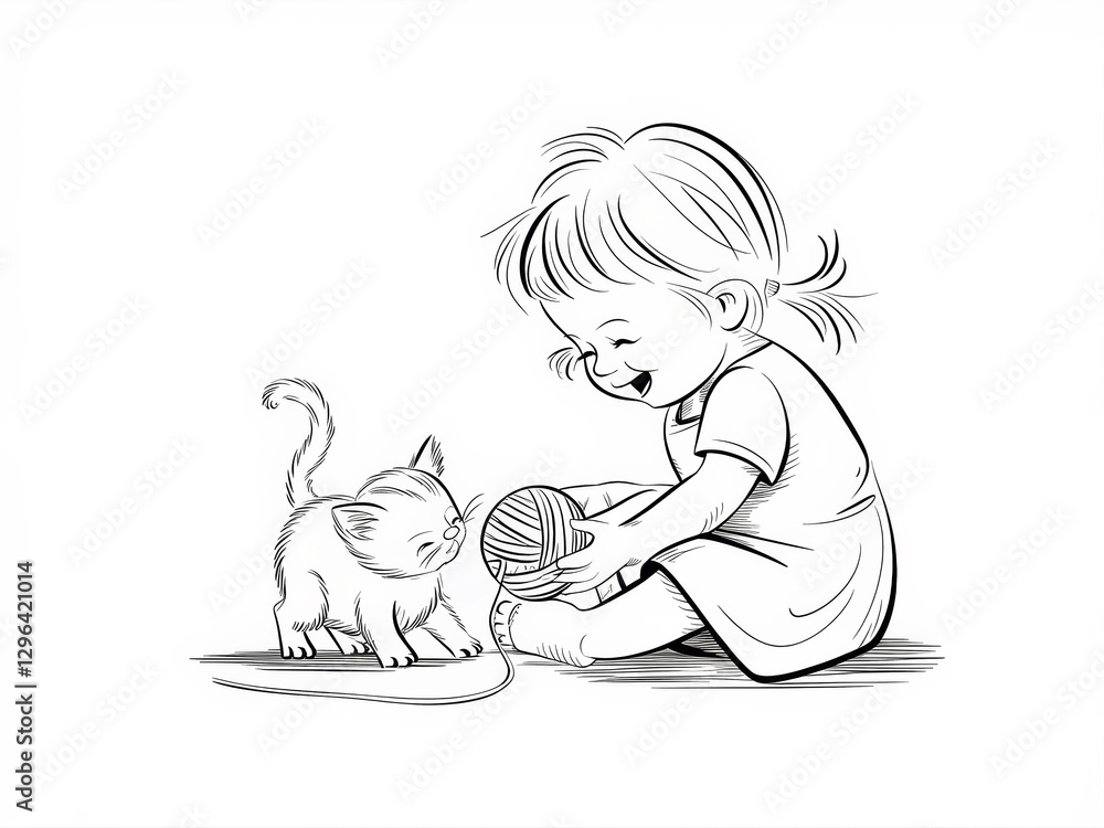 Adorable little girl playing with kitten and yarn ball in cute illustration Adorable little girl playing with kitten and yarn ball in cute illustration