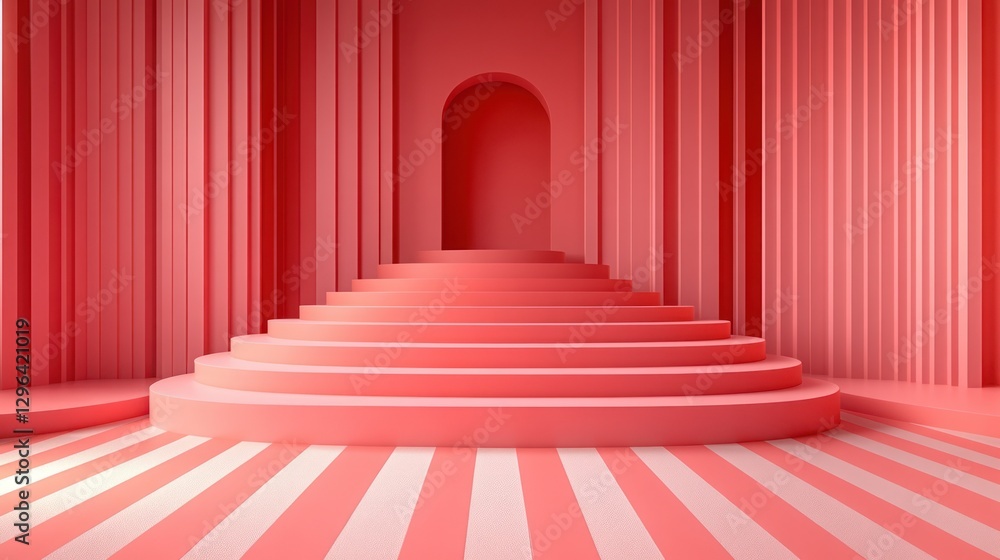 Pink stairway leading to arched doorway in a columned room. Pink stairway leading to arched doorway in a columned room.