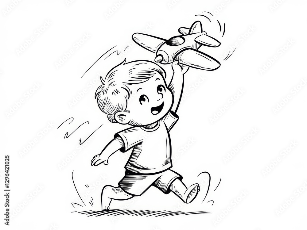 Fototapeta premium Playful child sketch with toy airplane in black and white