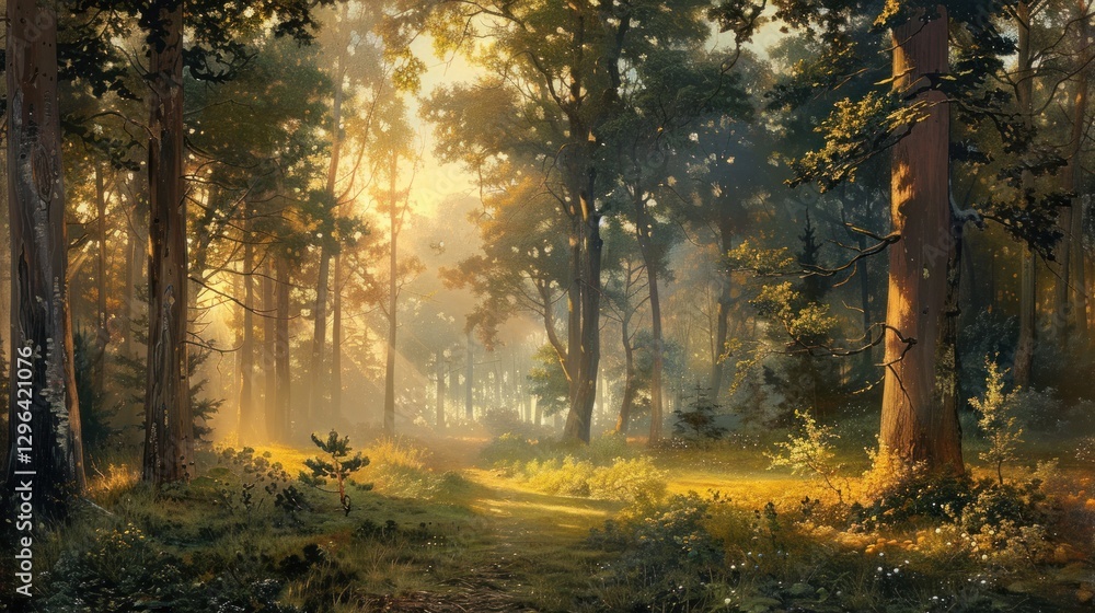 Beautiful scene morning in the green forest with sunlight landscape. AI generated image Beautiful scene morning in the green forest with sunlight landscape. AI generated image