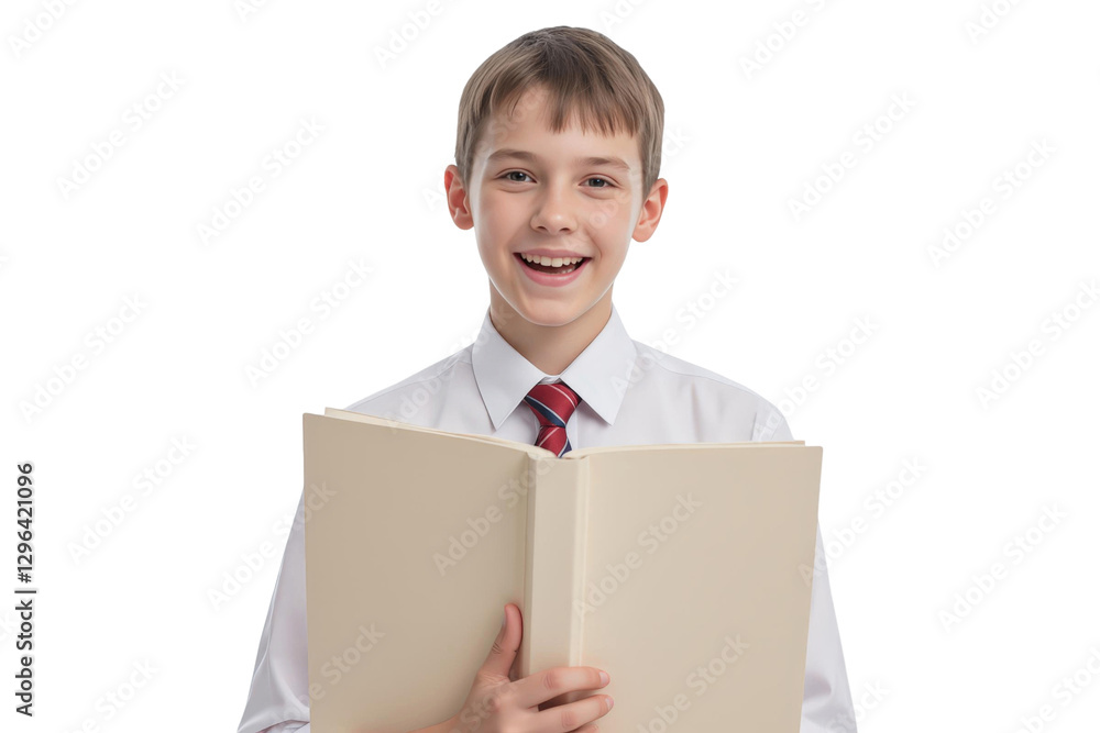 Portrait of a young student concept. Young boy in a white shirt and tie holding a folder, smiling, isolated on transparent background. Portrait of a young student concept. Young boy in a white shirt and tie holding a folder, smiling, isolated on transparent background.