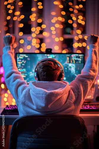 A gamer streaming online, A gamer celebrates victory with raised arms in a colorful, cozy gaming environment filled with lights and excitement.