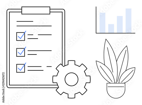 Gear next to a checklist clipboard, bar graph, and potted plant. Ideal for productivity, efficiency, organization, task management, workflow optimization, project planning business strategy