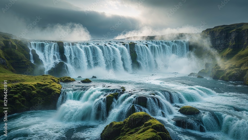 Obraz premium Majestic waterfalls cascading over rocky cliffs in a serene landscape during twilight hours