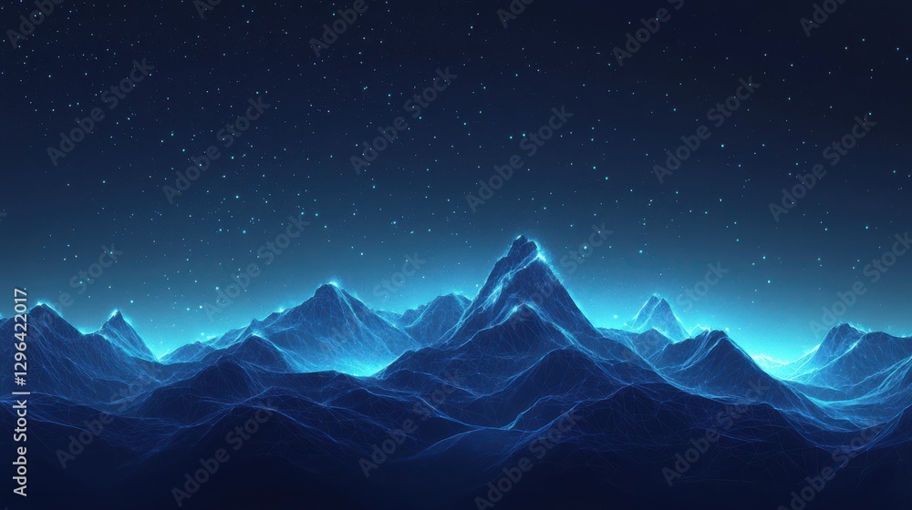 Abstract digital mountains range landscape with glowing light dots against a technology blue background. Futuristic low poly wireframe illustration conveying data mining and management concept. Abstract digital mountains range landscape with glowing light dots against a technology blue background. Futuristic low poly wireframe illustration conveying data mining and management concept.