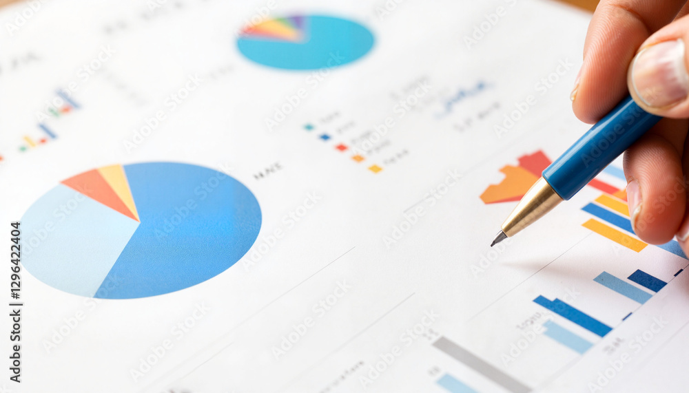 Financial pie chart analysis with pen on paper, data visualization Financial pie chart analysis with pen on paper, data visualization