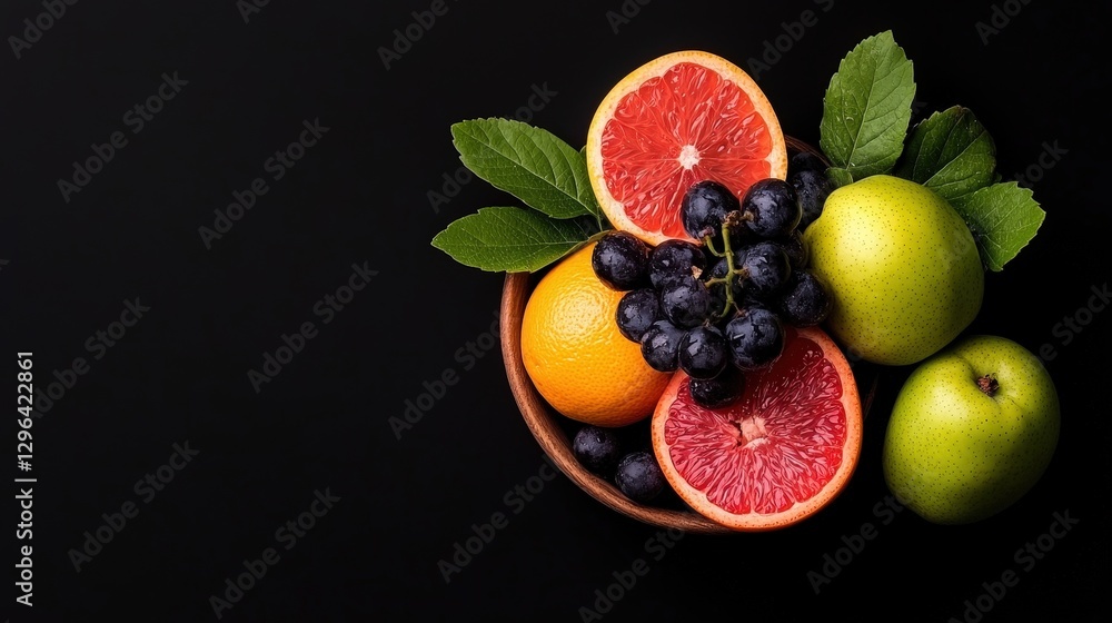 A vibrant arrangement of fresh fruit in a wooden bowl A vibrant arrangement of fresh fruit in a wooden bowl