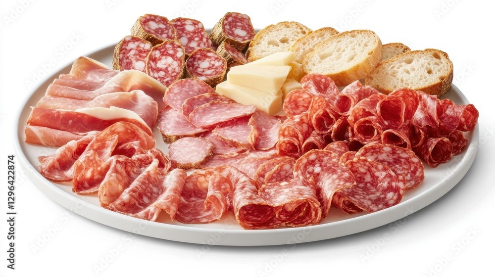 A plate of assorted deli meats and cheeses with fresh bread slices, arranged beautifully. A plate of assorted deli meats and cheeses with fresh bread slices, arranged beautifully.