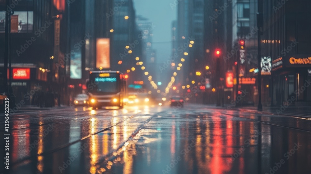 Fototapeta premium Colorful Reflections on a Wet Urban Street at Night