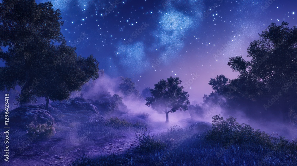 Night forest path, misty scene, starry sky, fantasy landscape, artwork Night forest path, misty scene, starry sky, fantasy landscape, artwork