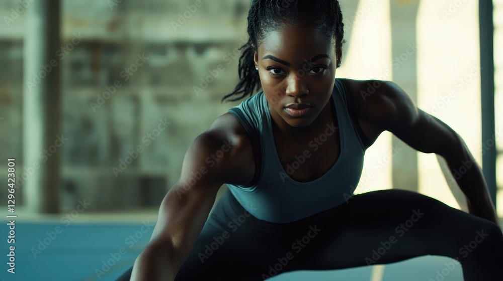 A fit young woman, her muscles taut, executes a dynamic lunge, her body angled forward, showcasing her strength and determination as she works towards toned legs. A fit young woman, her muscles taut, executes a dynamic lunge, her body angled forward, showcasing her strength and determination as she works towards toned legs.