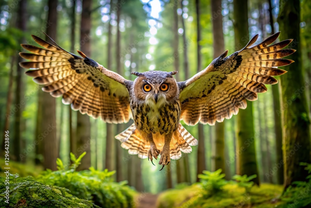 Obraz premium Eurasian Eagle Owl in Flight, Panoramic Green Forest, Majestic Bird, Wildlife Photography