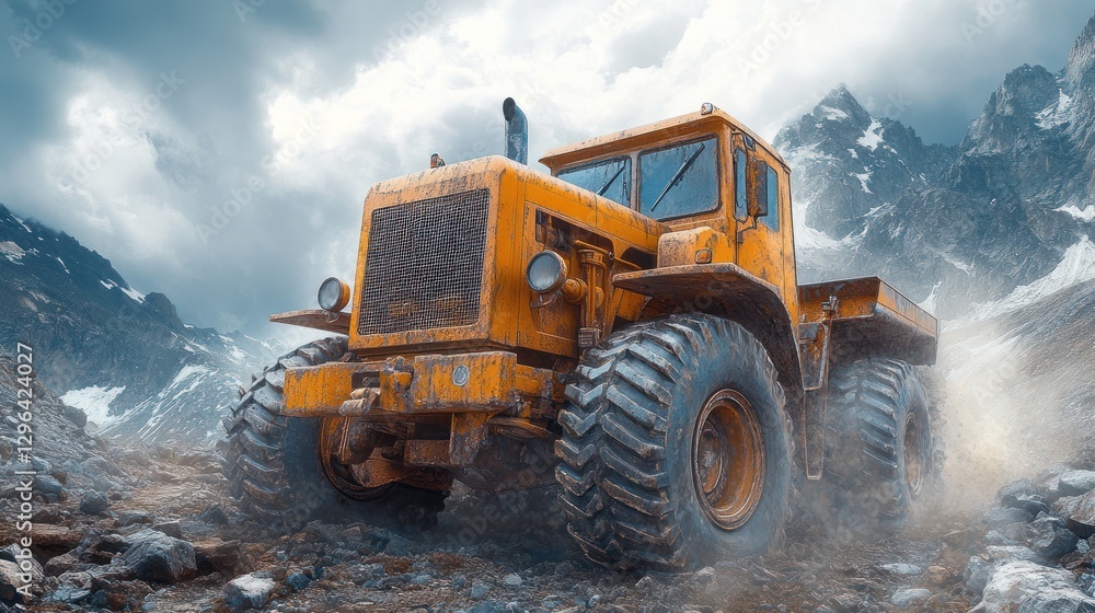 Powerful yellow tractor on rugged mountain terrain. Powerful yellow tractor on rugged mountain terrain.