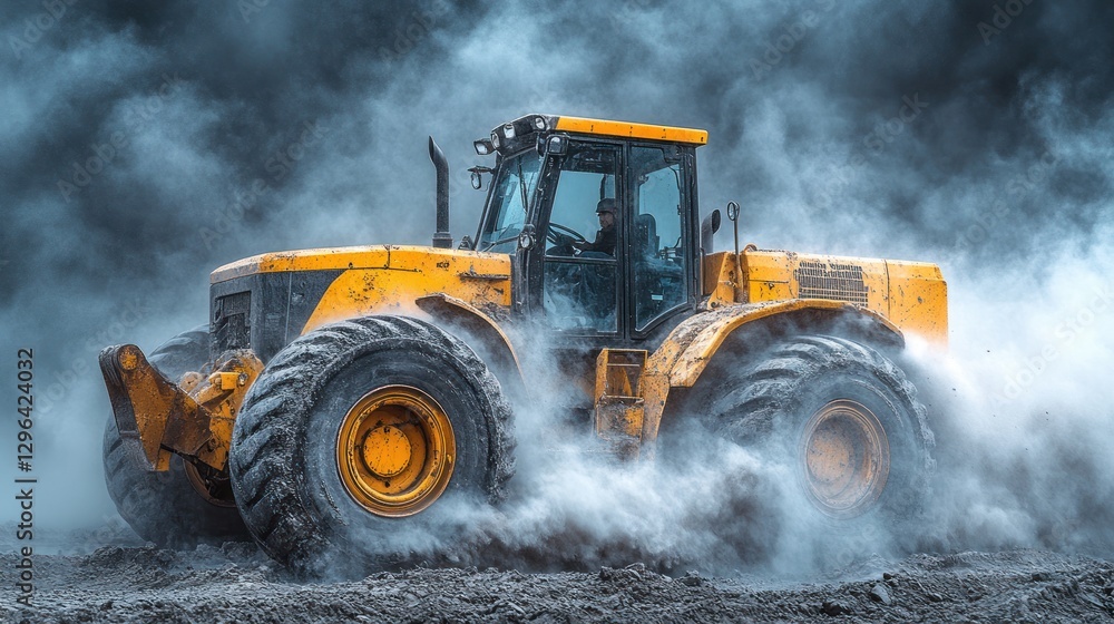 Powerful yellow tractor moving through dust and dirt. Powerful yellow tractor moving through dust and dirt.