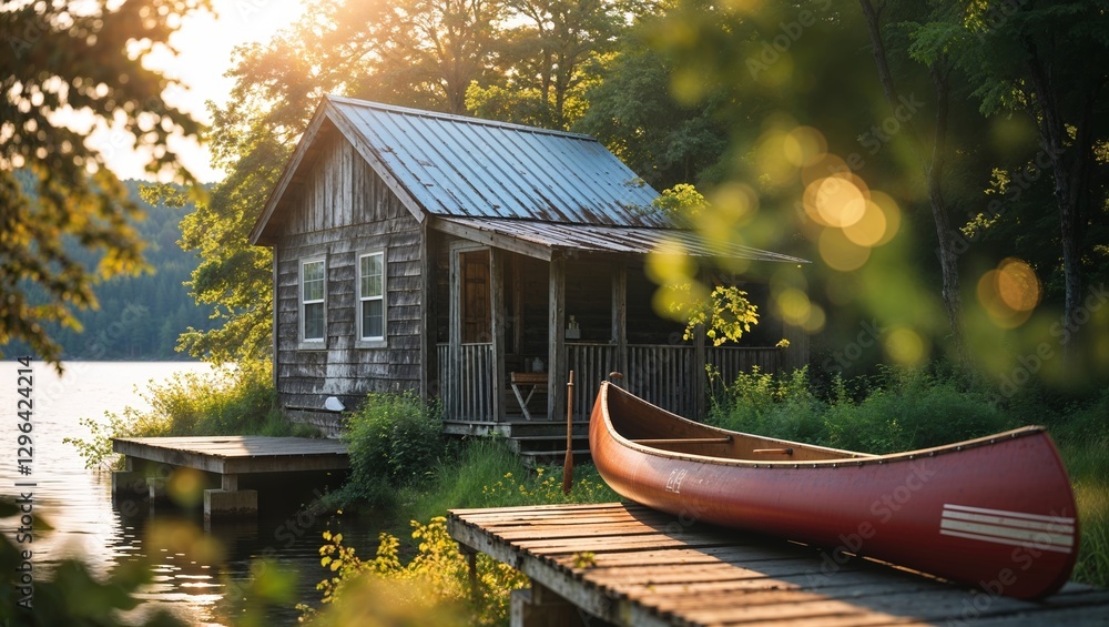 Fototapeta premium Cozy cabin by the lake with a canoe at sunset surrounded by lush greenery and warm sunlight