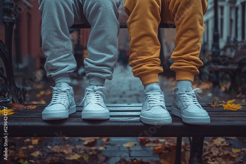 Men in sweatpants and sneakers sitting on a bench

