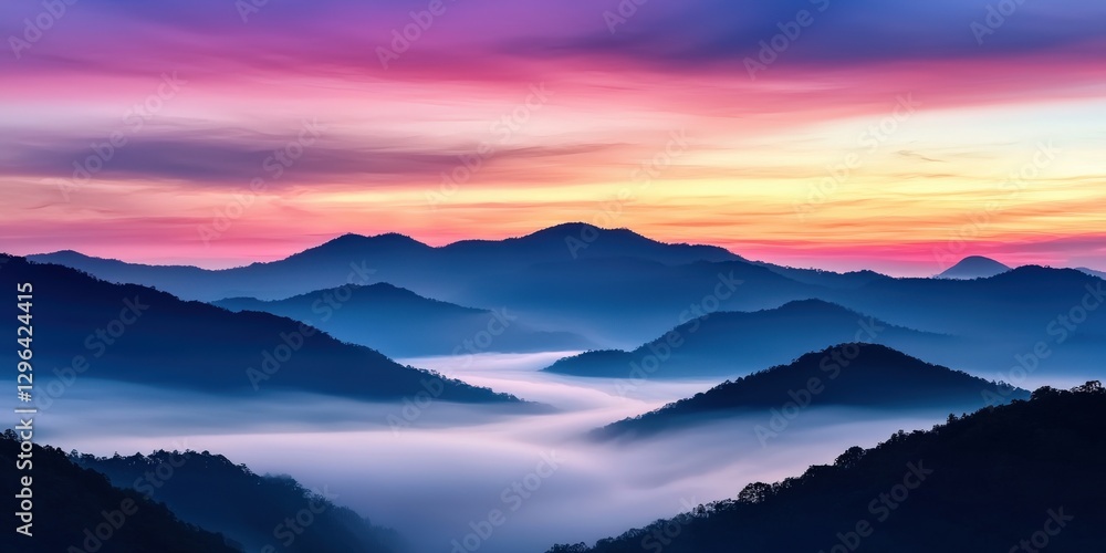 Pastel-colored sky at sunrise over rolling fog-covered hills, dreamy and peaceful mountain landscape Pastel-colored sky at sunrise over rolling fog-covered hills, dreamy and peaceful mountain landscape