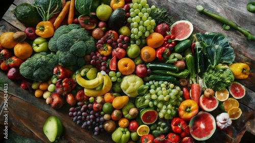 colorful assortment of fresh fruits and vegetables on a wooden surface