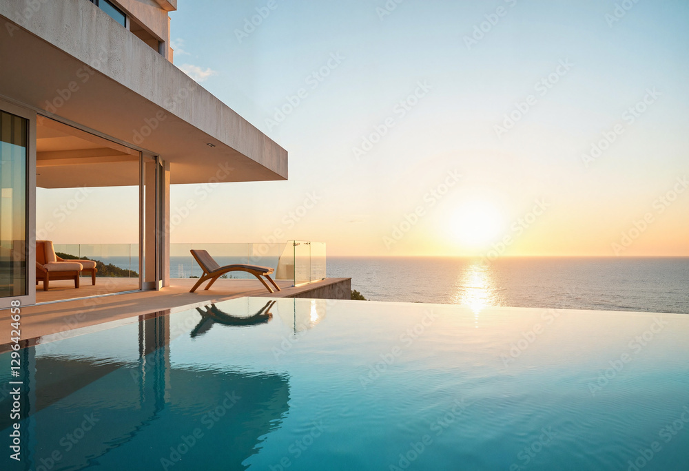 Fototapeta premium Luxury infinity pool at sunrise with ocean view, relaxation concept