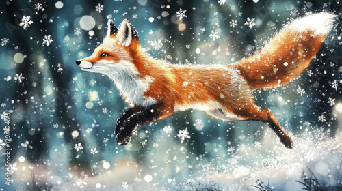 A fox leaping through a snowy forest, digital art photo