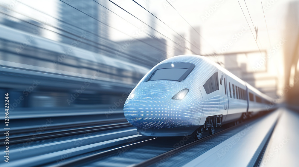 Fototapeta premium A high-tech illustration of a light rail train shuttling between high-rise buildings in the city