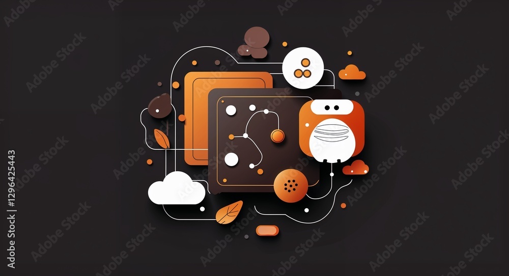 Naklejka premium brown thematic elements abstract cartoon on plain dark black background illustration