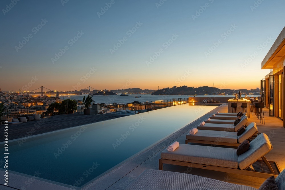 Fototapeta premium A rooftop infinity pool with stylish lounge chairs, a cocktail bar, and a panoramic view of the city at sunset.