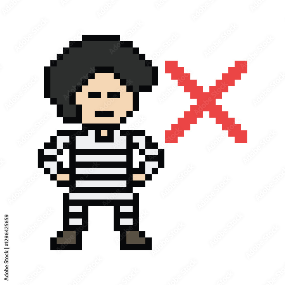 Obraz premium Cute pixel cartoon character prisoner man in jail prison uniform decoration crime prisoner man in prison 8 bit cartoon pixel robber 8bit png vector.