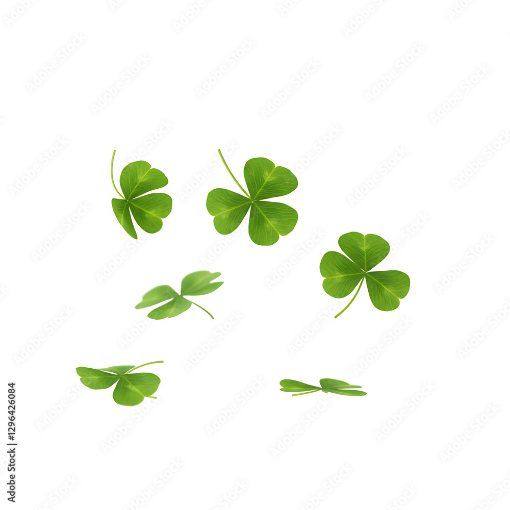 Obraz premium A dynamic collection of fresh four-leaf clovers falling gently through the air captured in mid-motion with soft shadows
