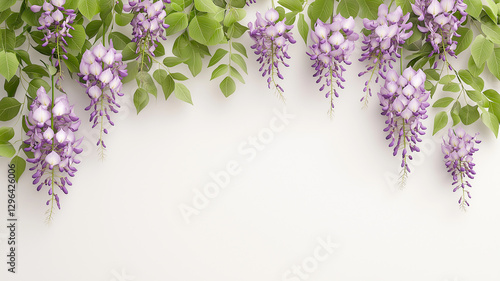 Wisteria flowers hanging down with green leaves on light background create serene and elegant atmosphere. Perfect for floral designs and nature themes