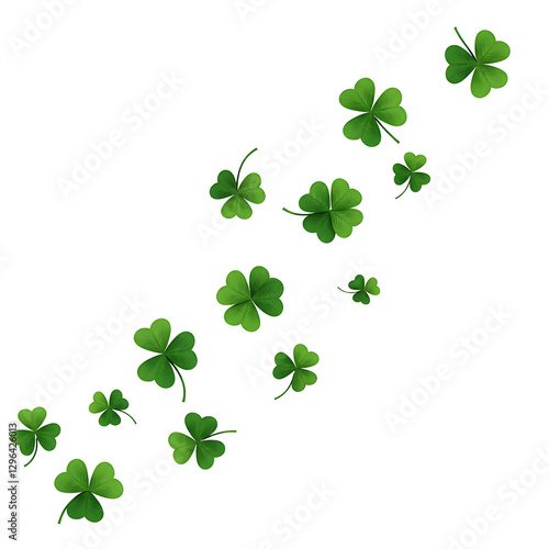 A beautifully layered PNG of delicate falling four-leaf clovers with varying shades of green creating a sense of luck and charm