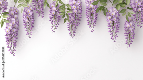 Wisteria flowers hanging down with lush green leaves create serene and elegant atmosphere. This beautiful floral arrangement adds touch of nature to any space