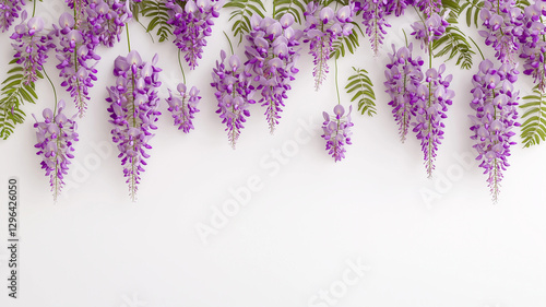 Vibrant wisteria flowers hang gracefully against clean white background, creating serene and elegant atmosphere. delicate purple blooms and lush green leaves evoke sense of tranquility and beauty
