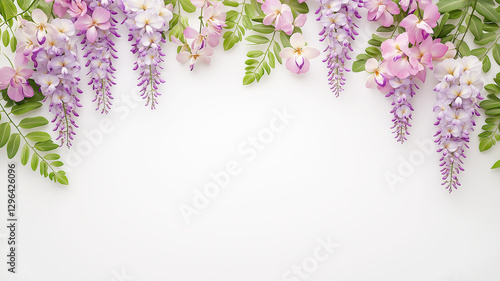 Beautiful wisteria and orchid flowers with green leaves create vibrant floral border against white background, perfect for invitations or decorative designs