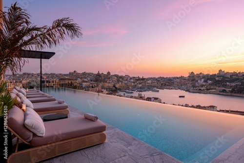 A rooftop infinity pool with stylish lounge chairs, a cocktail bar, and a panoramic view of the city at sunset.