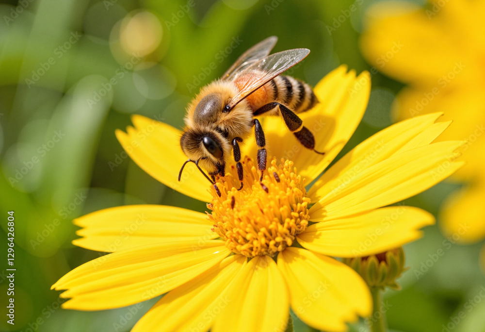 Honeybee collecting pollen from yellow blossom in sunlight, nature's balance Honeybee collecting pollen from yellow blossom in sunlight, nature's balance