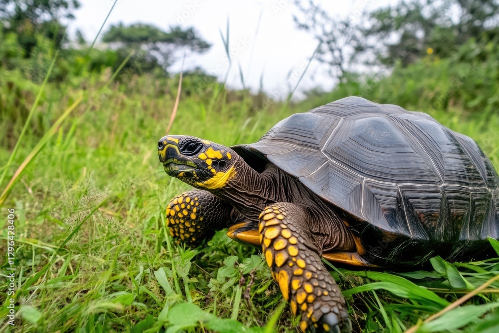 A turtle is walking on the grass. The turtle is brown and yellow. The grass is green A turtle is walking on the grass. The turtle is brown and yellow. The grass is green