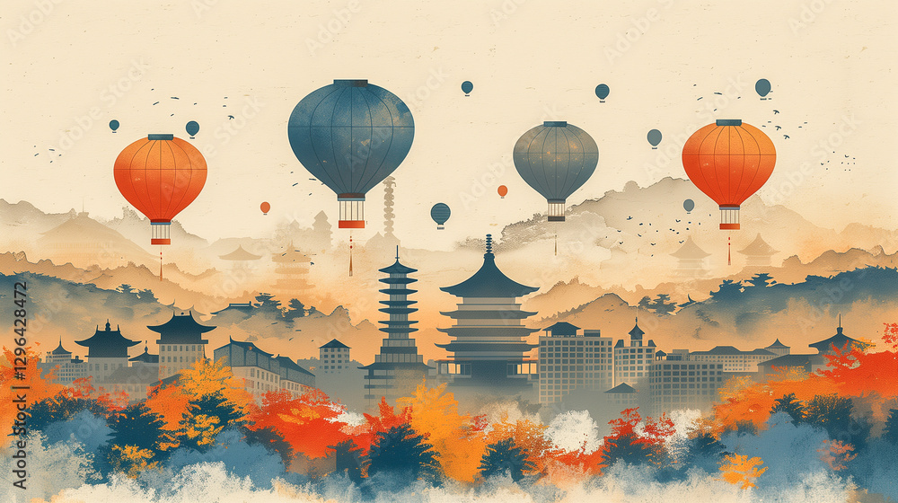 Obraz premium Hot Air Balloons Over Misty Asian Skyline