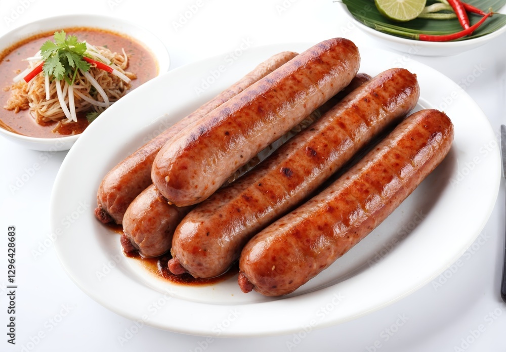 Local Northern Thai food , Northern Thai spicy sausage street food isolated in white background Local Northern Thai food , Northern Thai spicy sausage street food isolated in white background