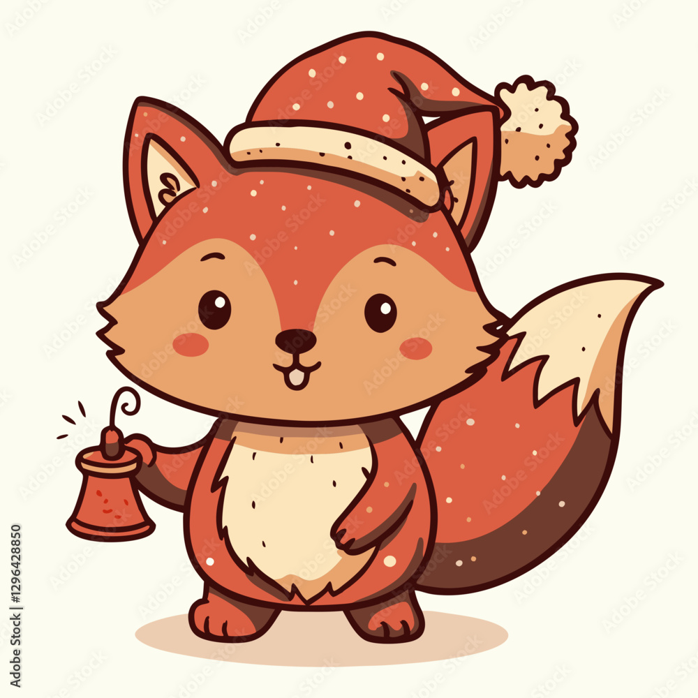 Cheerful cartoon fox wearing Santa hat ringing a bell, holiday joy Cheerful cartoon fox wearing Santa hat ringing a bell, holiday joy