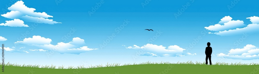 Person contemplates in grassy field, blue sky and clouds. Possible use stock photo Person contemplates in grassy field, blue sky and clouds. Possible use stock photo