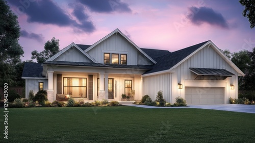 Wallpaper Mural Beautiful modern farmhouse home exterior at dusk with lights on and green grass, architectural photography Torontodigital.ca