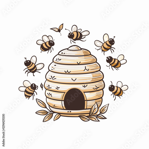 Bees buzzing around a wooden beehive, nature's harmony