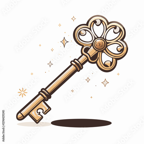 Golden vintage key with floral design on white background, unlocking potential