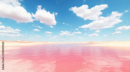 A pink lake in the desert with a blue sky in the background. The sky is filled with clouds, giving the scene a dreamy and peaceful atmosphere