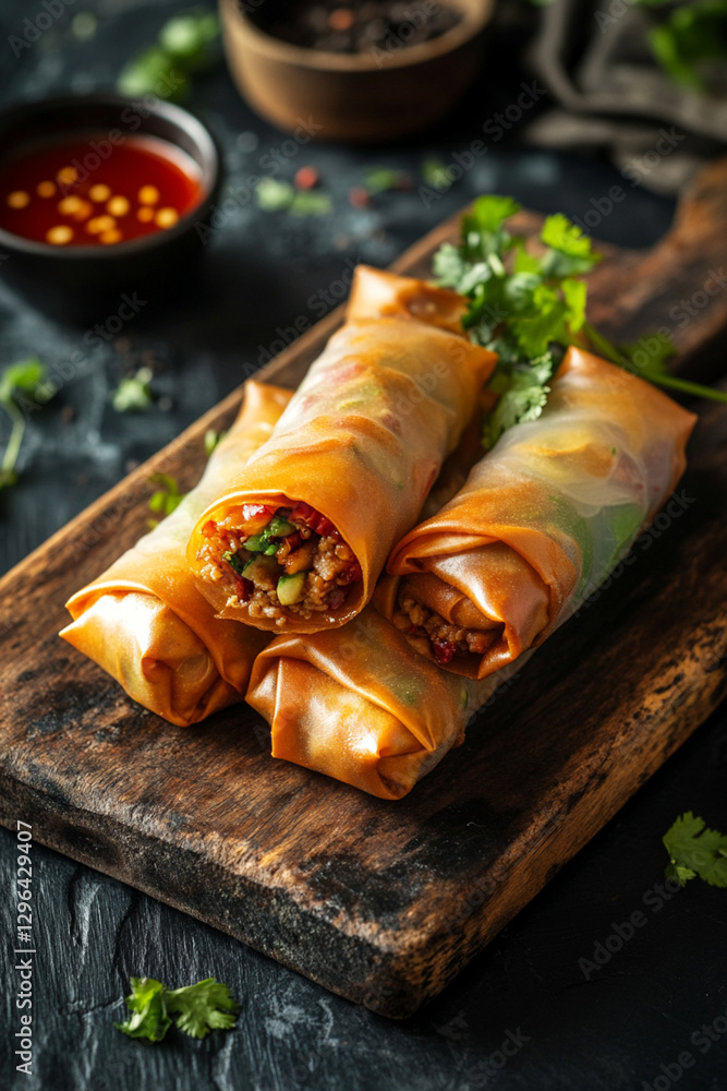 Traditional spring rolls with vegetables and meat, served with hot sauce Traditional spring rolls with vegetables and meat, served with hot sauce
