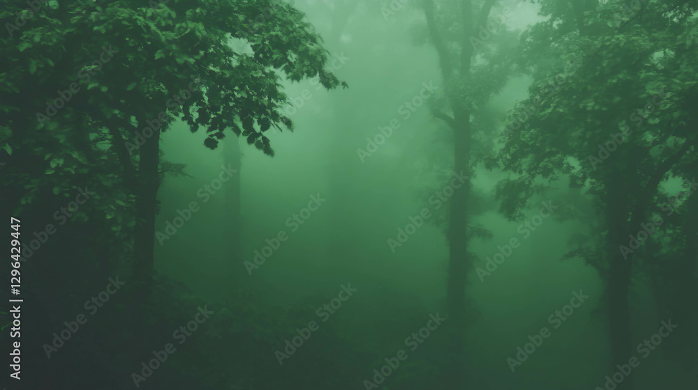 Fototapeta premium Enchanting forest foliage in mysterious green misty atmosphere