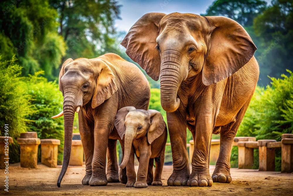 Fototapeta premium Family of Elephants at the Zoo: A heartwarming portrait of a mother elephant and her calf.