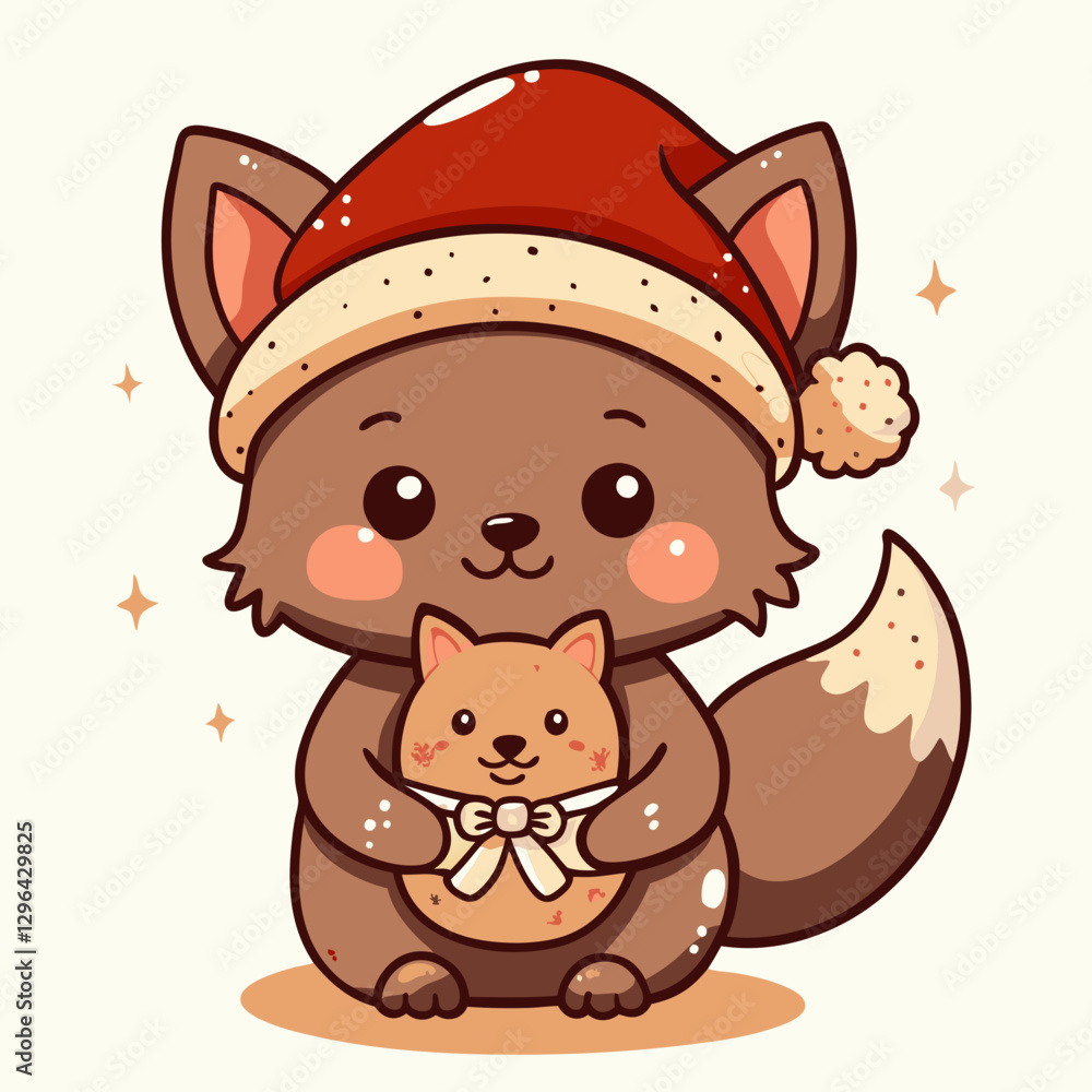 Cute fox wearing Santa hat hugging kitten, festive love Cute fox wearing Santa hat hugging kitten, festive love